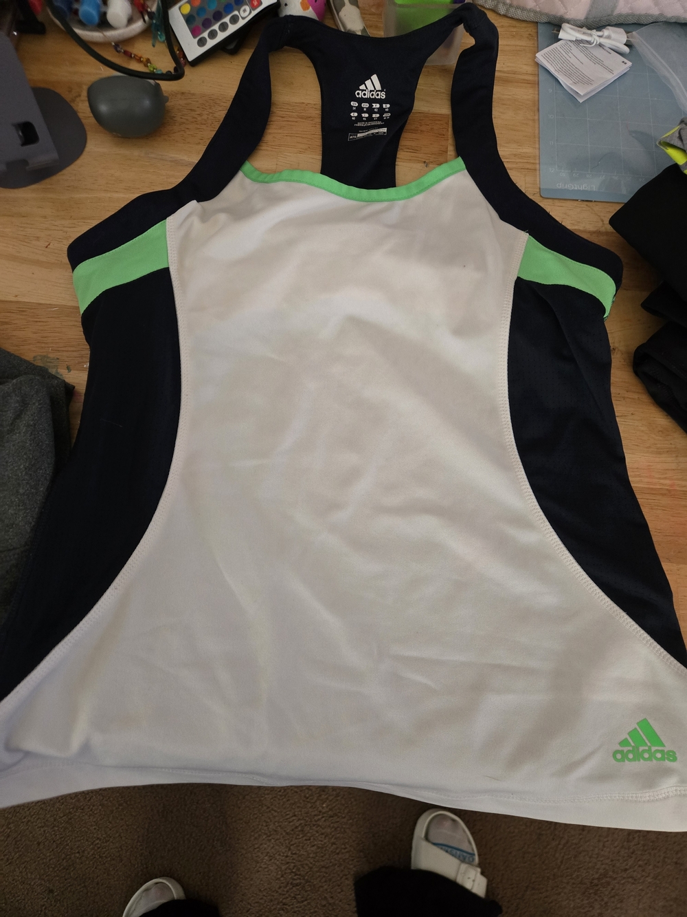 Adidas White & Navy Racerback Tank with Green Accents